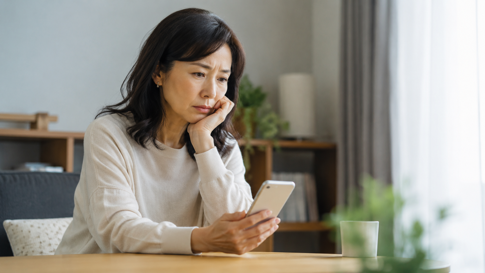 リビングでスマホを見て悩む女性